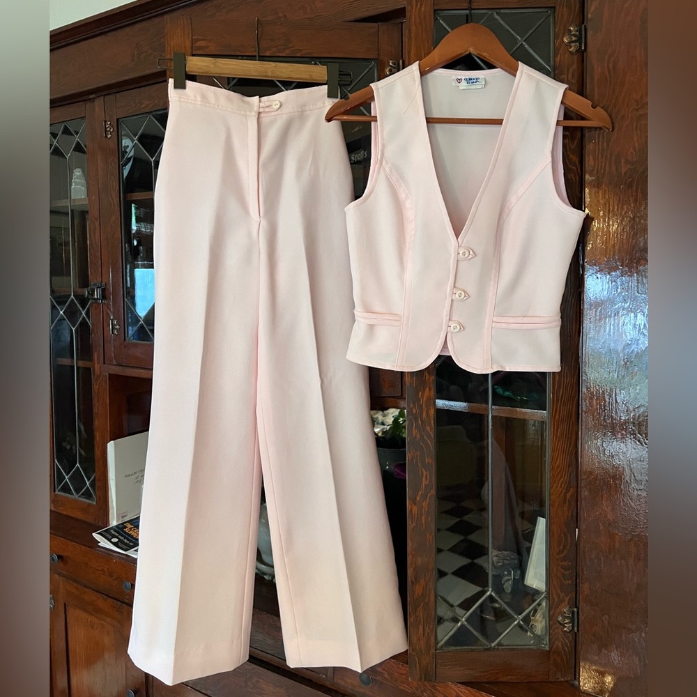 Vintage Two-Piece Pale Pink Vest & Wide-Leg Pants Set